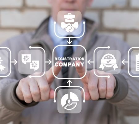 Man,Using,Virtual,Touch,Screen,Presses,Inscription:,Registration,Company.,New