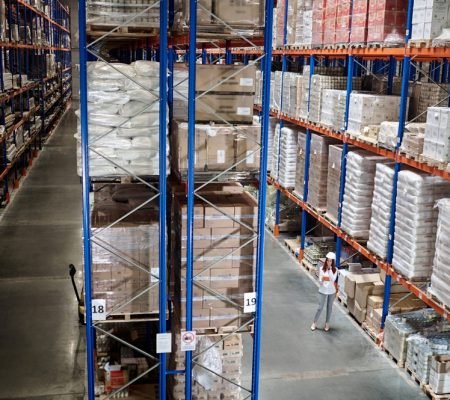 Woman,Working,On,Tablet,Standing,Between,Rows,In,Warehouse